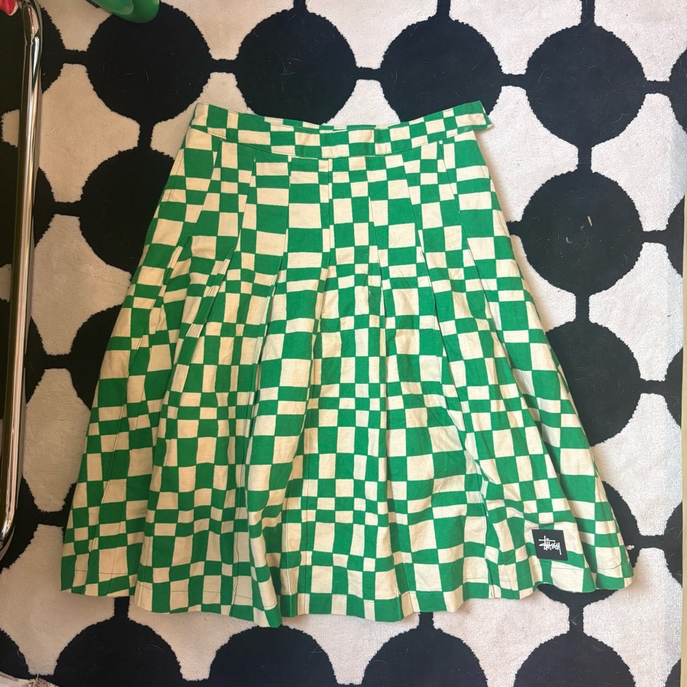 Stussy Green and Cream Checkered A-Line Pleated Skirt